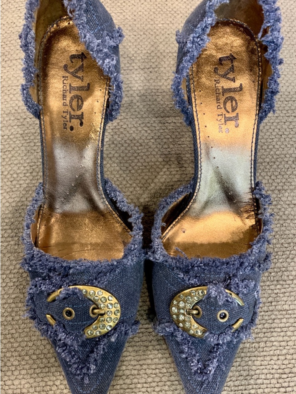 Richard Tyler Denim-Textured Pointed-Toe Heels with Gold and Crystal Buckle
